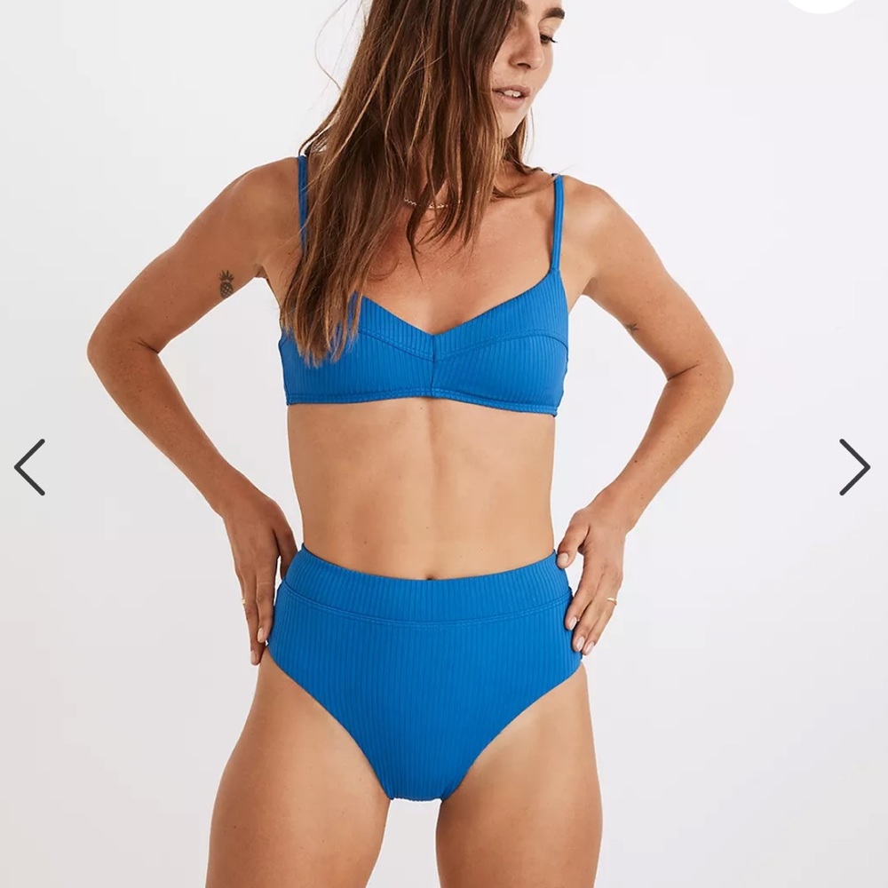 Madewell Second Wave Ribbed High-Cut Bikini Bottom in color Riviera Coast